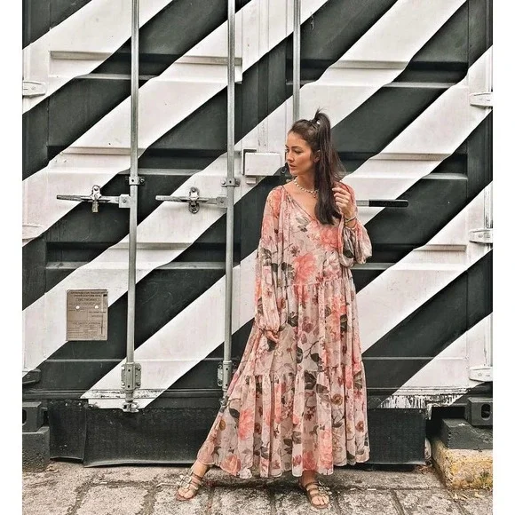 Chiffon Wide Cut Floral Dress Balloon Slee… - Picture 11 of 14